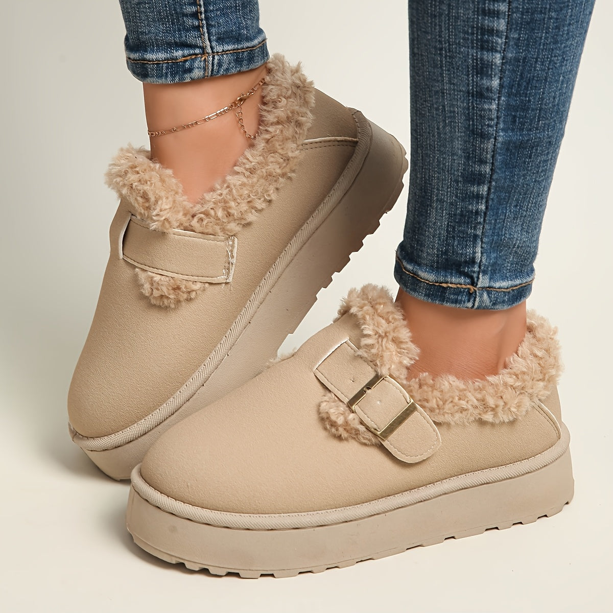 Women's Beige Mocha Slip On Winter Boots Plush Faux Fur Lined Ankle Boots with Adjustable Strap Comfort Footwear Indoor Outdoor House Shoes Non Slip Sole