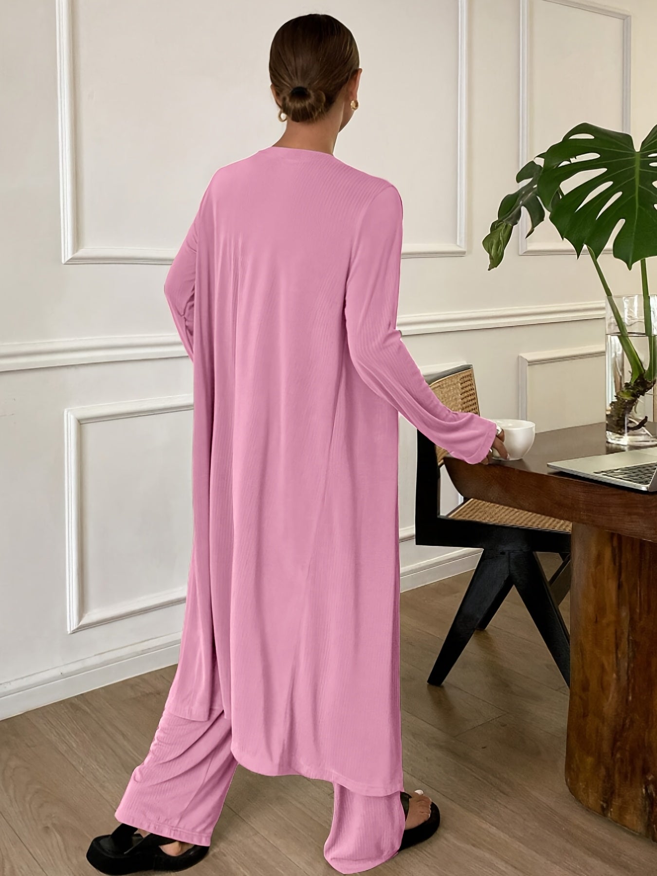 [Women's Loungewear Set] New Popular Women's Loungewear Set - Autumn And Winter Solid Color Sleeveless Square Neck Camisole, Straight Elastic Waistband Pants, Long Sleeve Cardigan - Comfortable Loose Pajama Set
