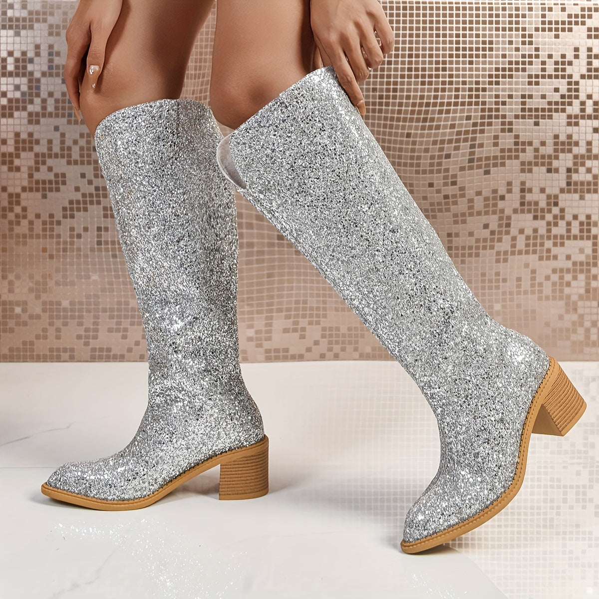 Elegant Silvery Glitter High-Top Boots: Pointed Design, Low Heel, Slip-On Style - Timeless Luxury for Any Occasion