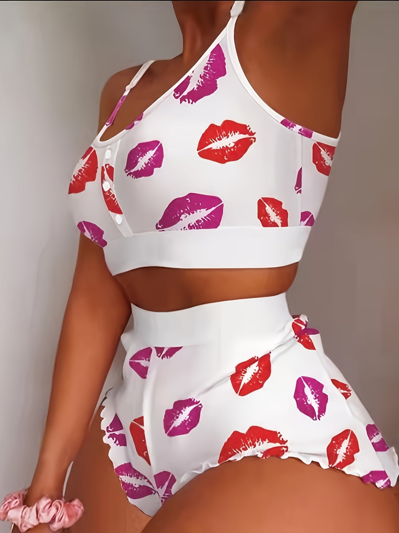 3pcs Set: Elegant Women's Home Sleepwear Set with Lip Print, Strawberry, Splashed Ink, 3 Types Of Prints, Soft And Comfortable Fabric, Perfect Gift