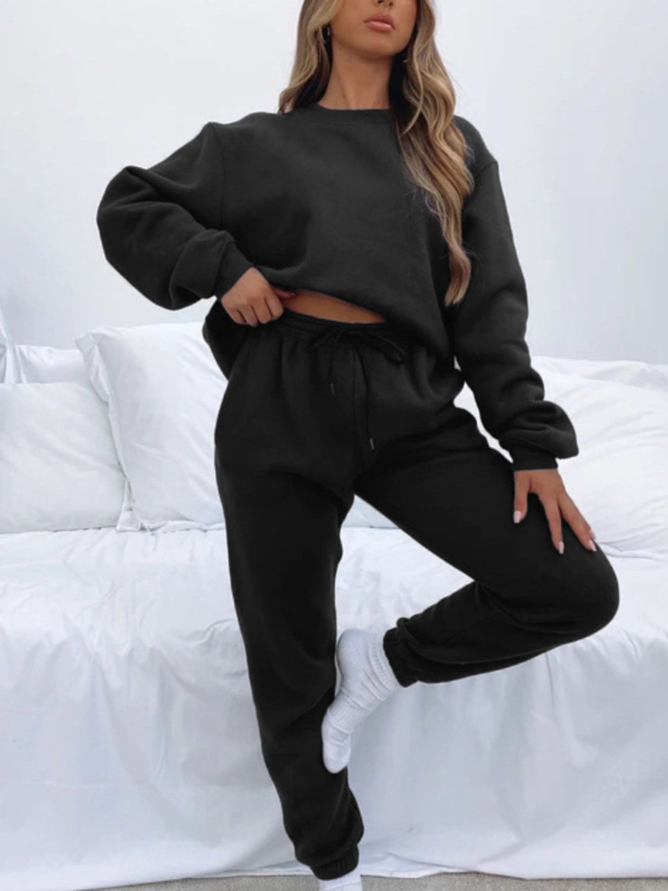 Solid Color Sweatshirt Set- Women's Round Neck Long Sleeve& Pants