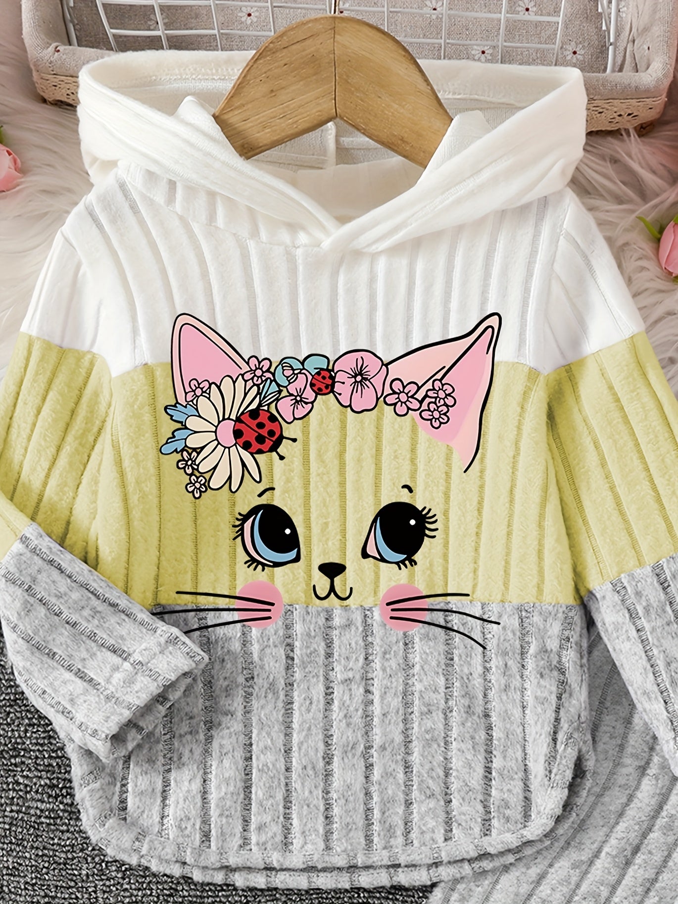 2pcs Girls' Winter Warm Hooded Sweater & Pants Set - Soft Pastel Pink & Color Block Outfit with Heart & Cat Face Appliques, Long Sleeve Pullover & Joggers, for Outdoor, Casual Attire (machine Washable)