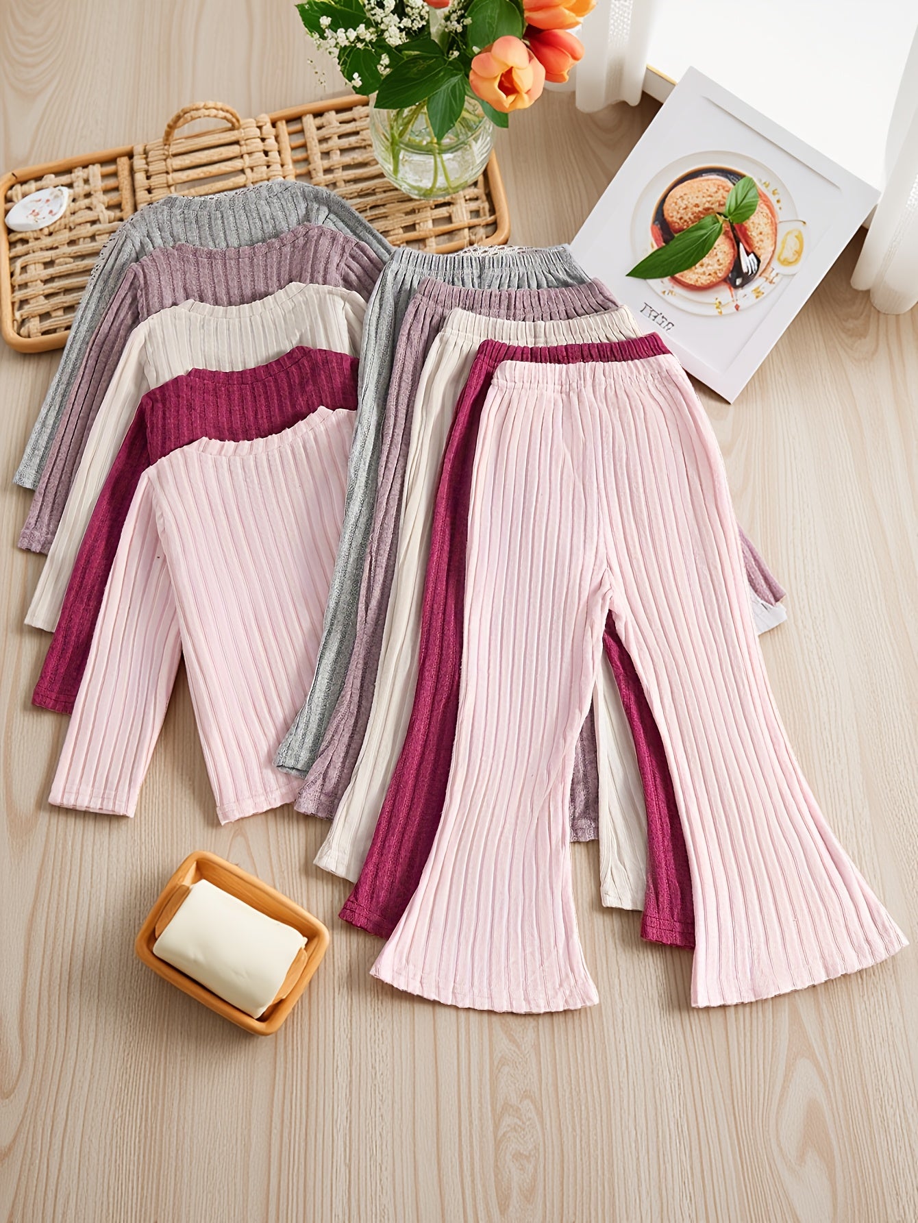 [Girls' Casual Sportswear Set] 10pcs Girls' Casual Sportswear Set with Solid Ribbed Long Sleeve Shirts and Flared Pants, Suitable for Daily Wear, Outdoor Activities, and Dance, Perfect for Outdoor