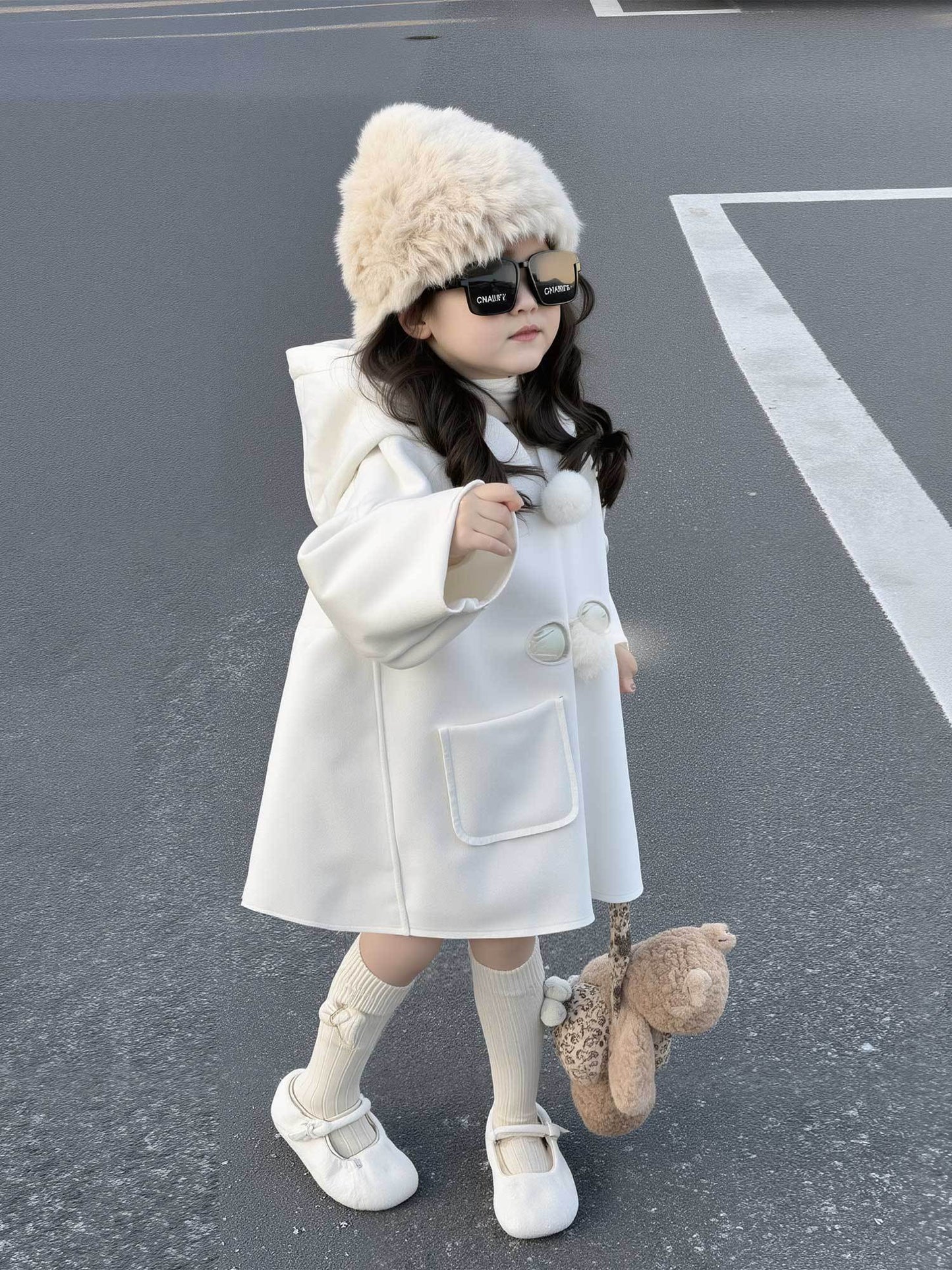 Girls' White Fleece Coat with Hood & Soft Pom-Poms - Double-Sided Winter Warmth, Loose Fit Long Sleeve Jacket with Toggle Button Closure, Cozy Insulation for & Young ( to Early Childhood) - Casual Outerwear for Everyday & Spe