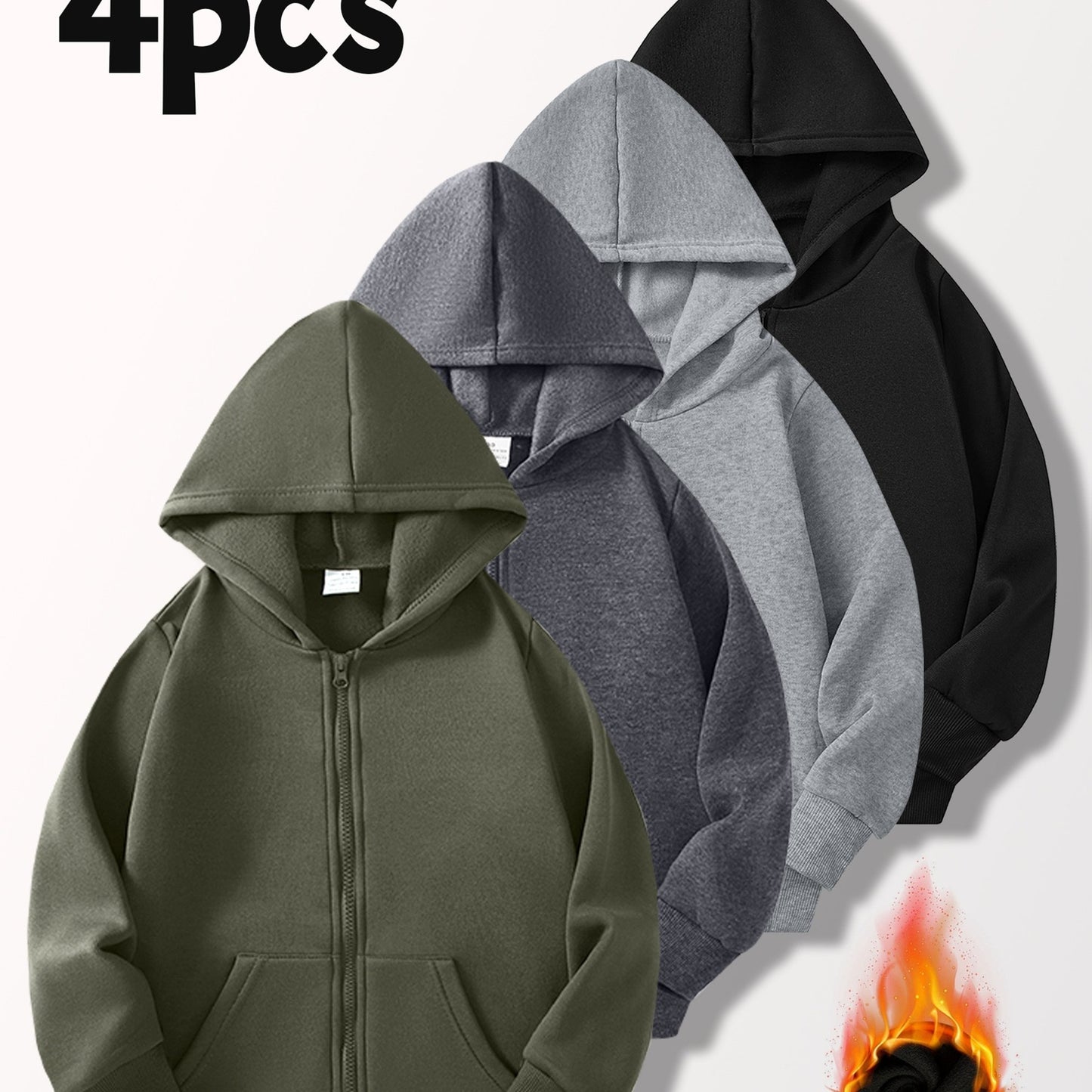 [4pcs Boys' Cardigan Jackets] 4pcs Boys' Light-Lined Zip-Up Hooded Cardigan Jackets | Multi-Color & Solid Color | Autumn & Spring, Stylish & Versatile for Outdoor Jogging