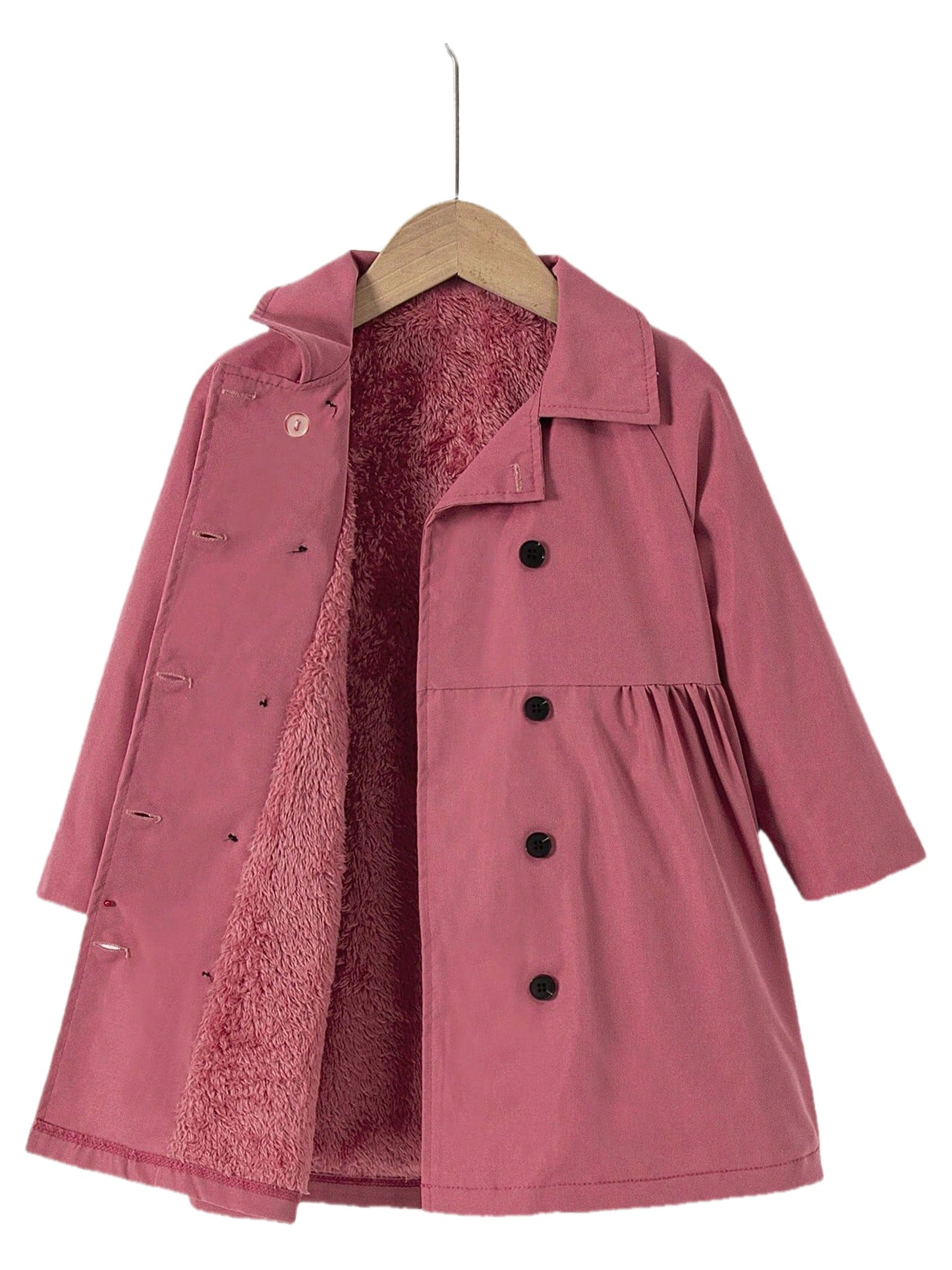 Girls' Cozy Fleece-Lined Double-Breasted Jacket - Solid Color Long Sleeve Casual Coat with Lapel Collar, Button Front & Side Pockets for Fall/Winter Outdoor Play, Hiking & Casual Attire, Hiking Apparel, Durable Outerwear, Gir