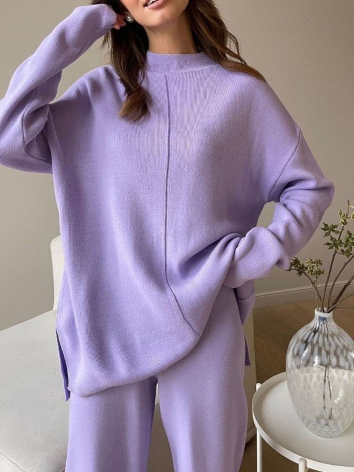 Women'S Elegant Half-Turtleneck Sweater & Pants Two-Piece Set - Oversized Loose-Fit H-Line Silhouette, Soft Stretch Sweater with Asymmetrical Neckline & 3/4 Sleeve, Solid Color Winter Warmth, Casual to Semi-Formal Outfits (Be
