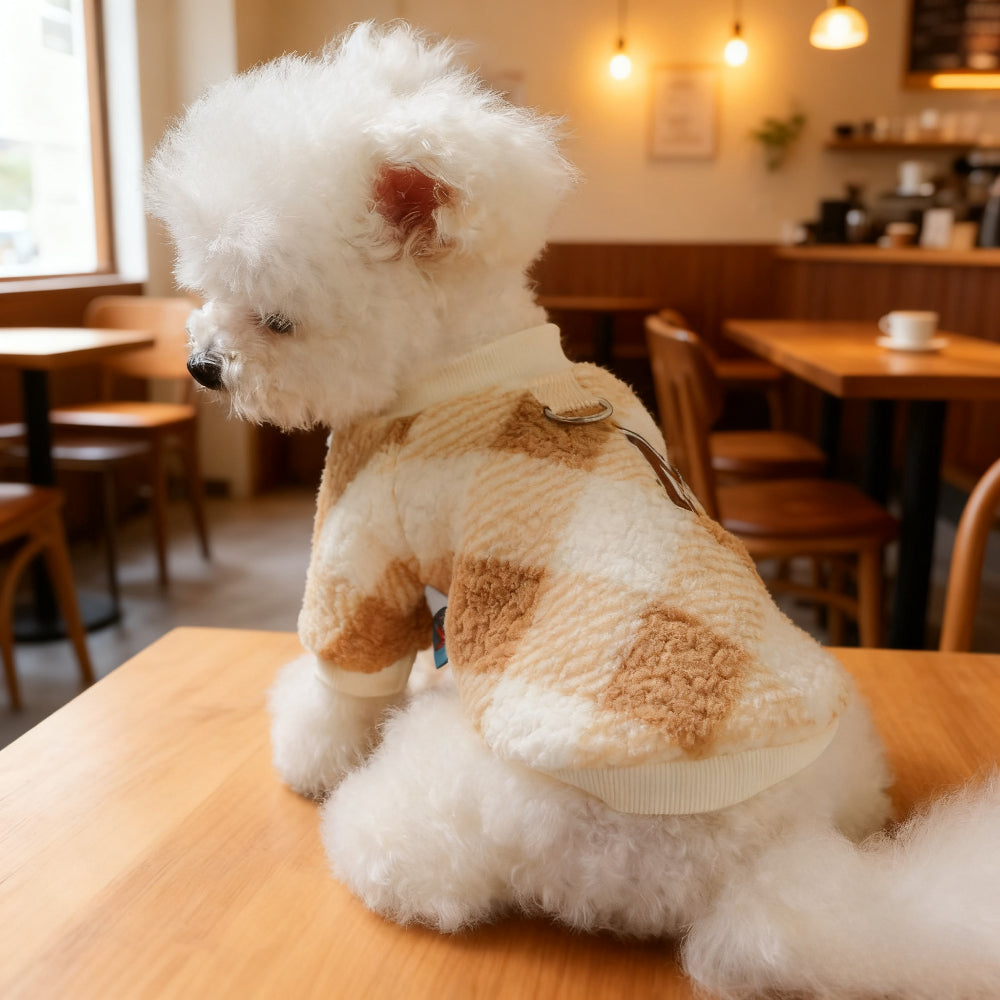 Brown Plaid Letter Embroidered Dog Coat with White Patches - Zippered Winter Jacket for Small & Medium Breeds (Bichon, Pomeranian, Teddy Bichon Frise) - Warm Pullover Sweater, Easy On/Off Pet Outerwear