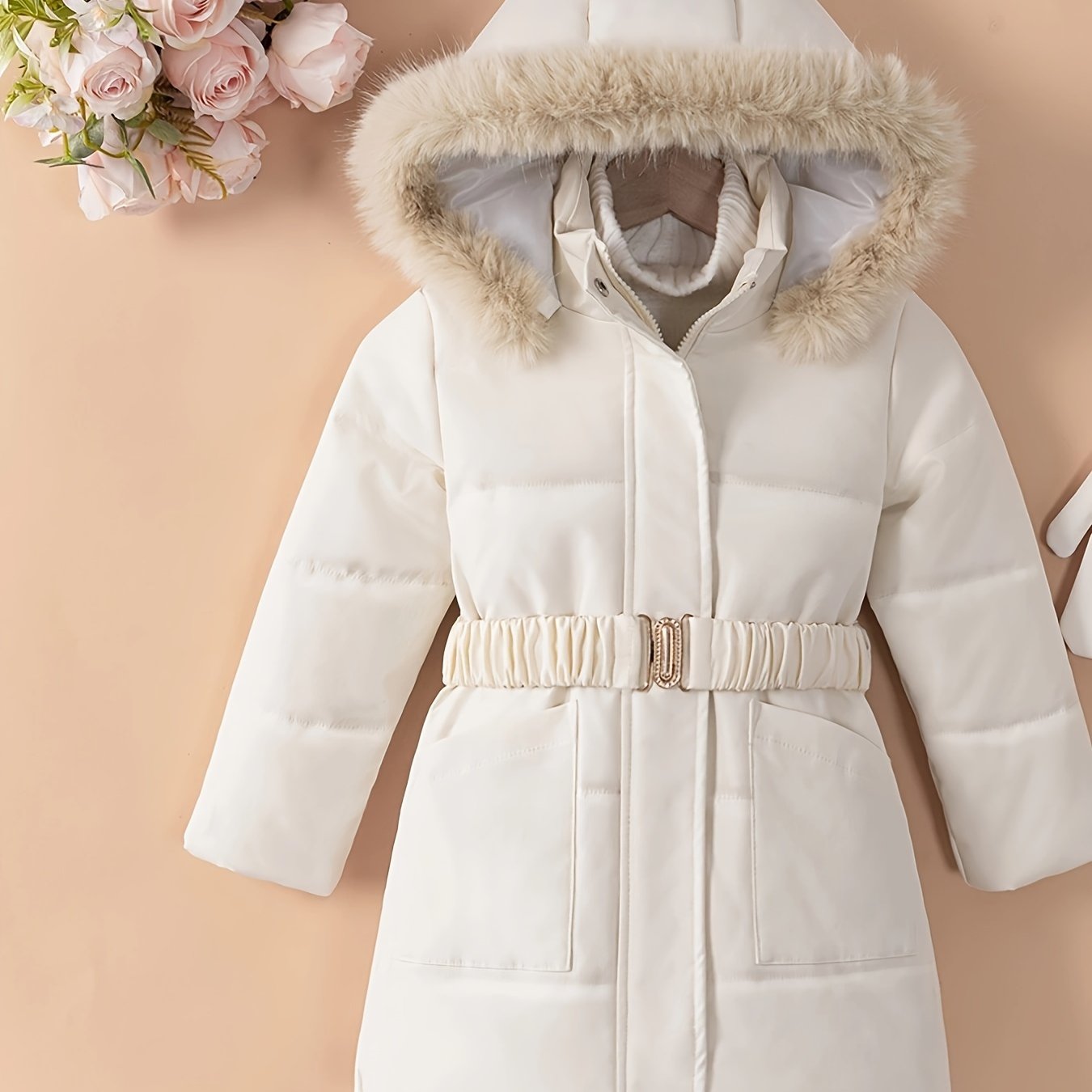 [Christmas] Girls' Heavy-Duty Winter Coat with Hood - Long Formal & Casual Snow Jacket, Adjustable Waist Belt, Zipper Closure, Elegant Hooded Outerwear for Cold Weather, Christmas, Everyday - Non-Stretch Fabric (Hand Washable