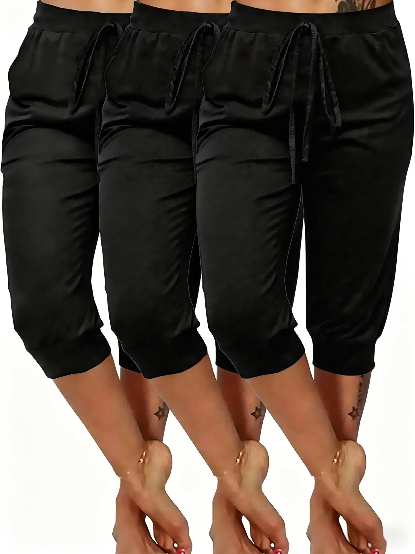 A Set of Three Casual Capri Pants with Bows, Comfortable Enough to Wear Outside As Loungewear