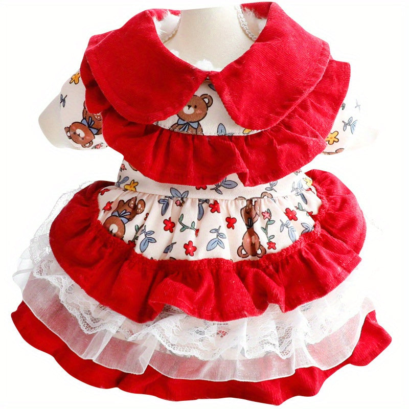 Fleece-Lined Warm Winter Princess Dress, Suitable for Small Dogs And Cats - Red And White Ruffled Lolita Style Pet Clothing, Featuring Poodle Trim, Ideal for Pomeranians, Chihuahuas, Shih Tzus, Pomeranians, And Yorkshire Terr