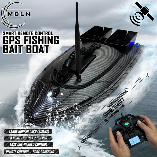[Remote Control] A Fishing Bait Boat That Operates on Batteries Without a Plug-In Interface Or Wireless And Laser Features. It Has a Working Voltage of 36V Or Less, a Sleek Carbon Fiber Black Exterior, And a Streamlined Hull.