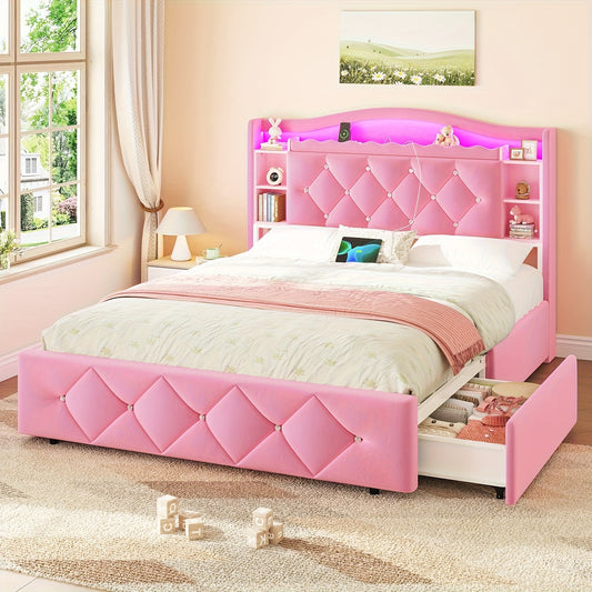 Full-size Bed Frame with 4 Storage Drawers, LED Light, and Power Outlet | Diamond-shaped Back Princess Bed, Headboard with Bookshelf, Heavy-duty Metal Frame, Pink - EPHEX