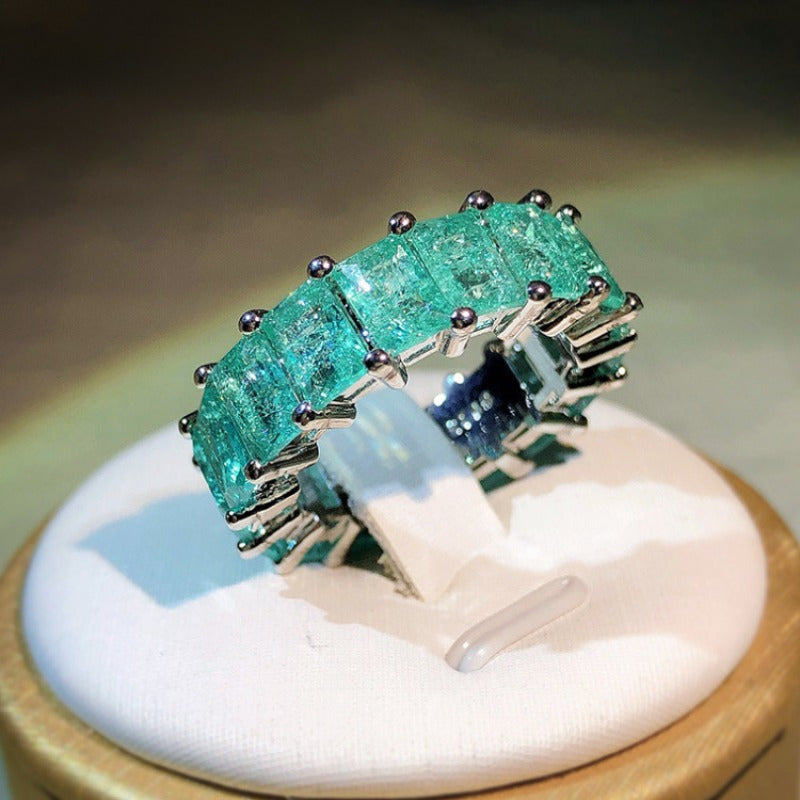 Full-circle Synthetic Paraiba Ring for Women, Princess-cut Stone, Suitable for Gatherings, Parties and Daily Wear