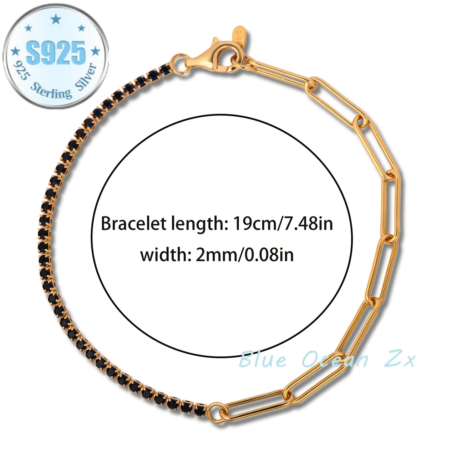 925 Sterling Silvery 18k Golden Plated Half Moissanite Half Paperclip Bracelet, Fashionable And Simple, Adjustable Bracelet, Unisex, Creative, Sparkling, Fashionable, Trendy, And Avant-garde, A Versatile Jewelry Set, Perfect