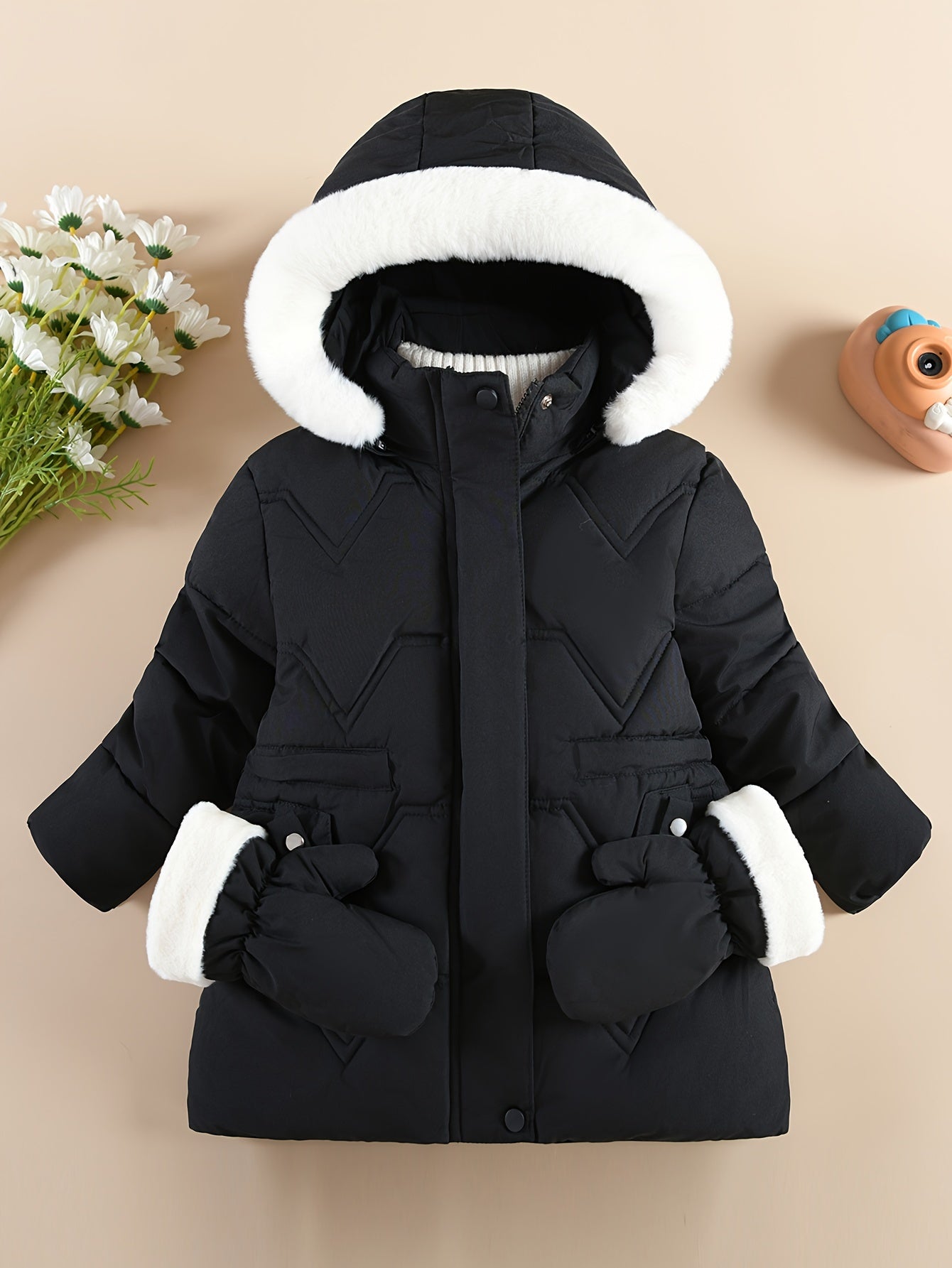 Girls' Pink Winter Snowsuit with Hooded Collar & Gloves - Cozy Mid-Length Jacket, Long Sleeve, Zip-Up, Lining, Flared Hem, Regular Fit, Fall/Winter Outerwear