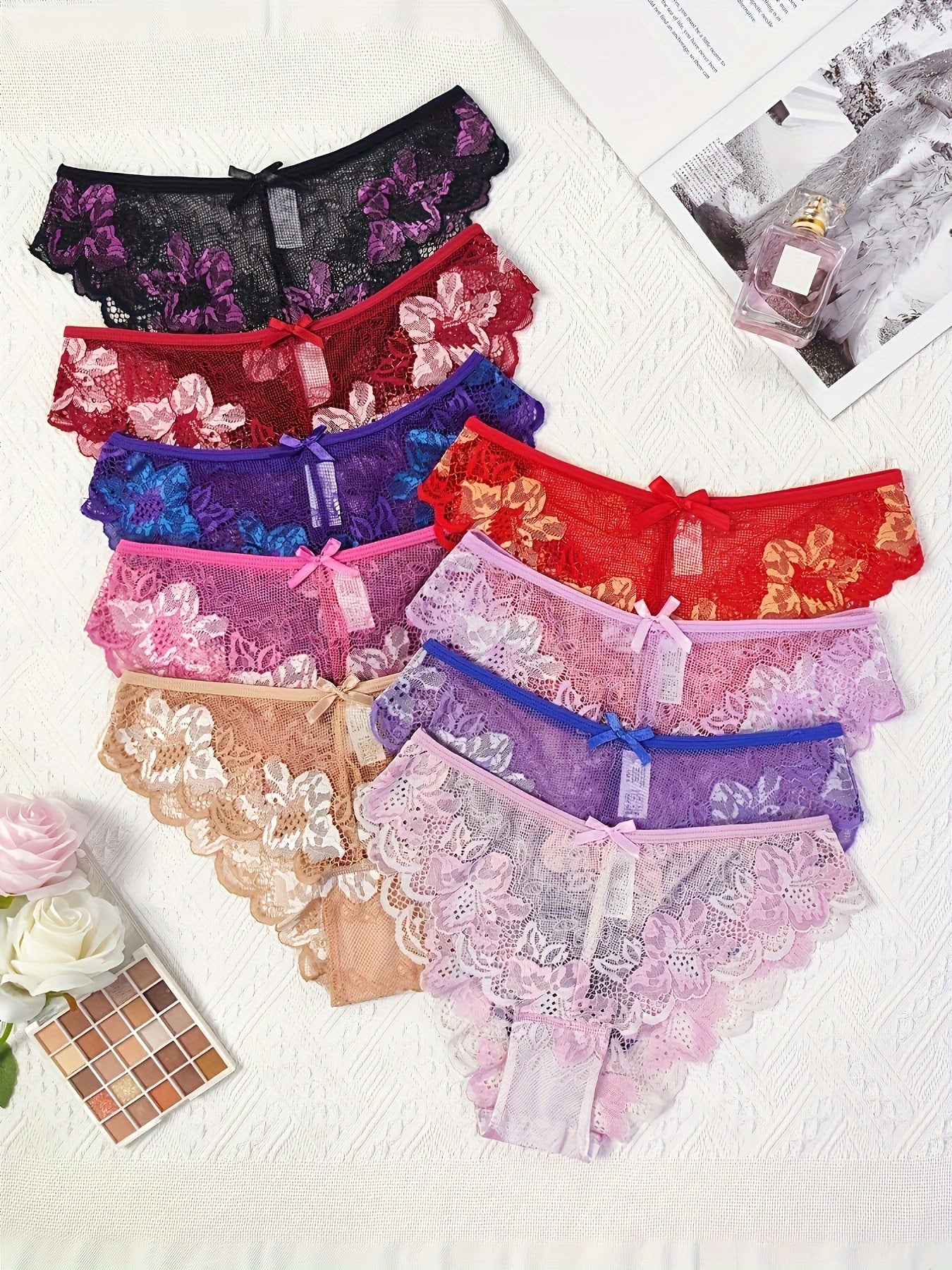 27pcs Mixed Color Women Sexy Flower Lace Low-waistline Panties, Semi Sheer Comfortable Soft Breathable Bow Panties, Novelty Fashion Elegant, Romantic Dating Temptation Panties, Daily Casual Panties,  Intimate Apparel, Stylish