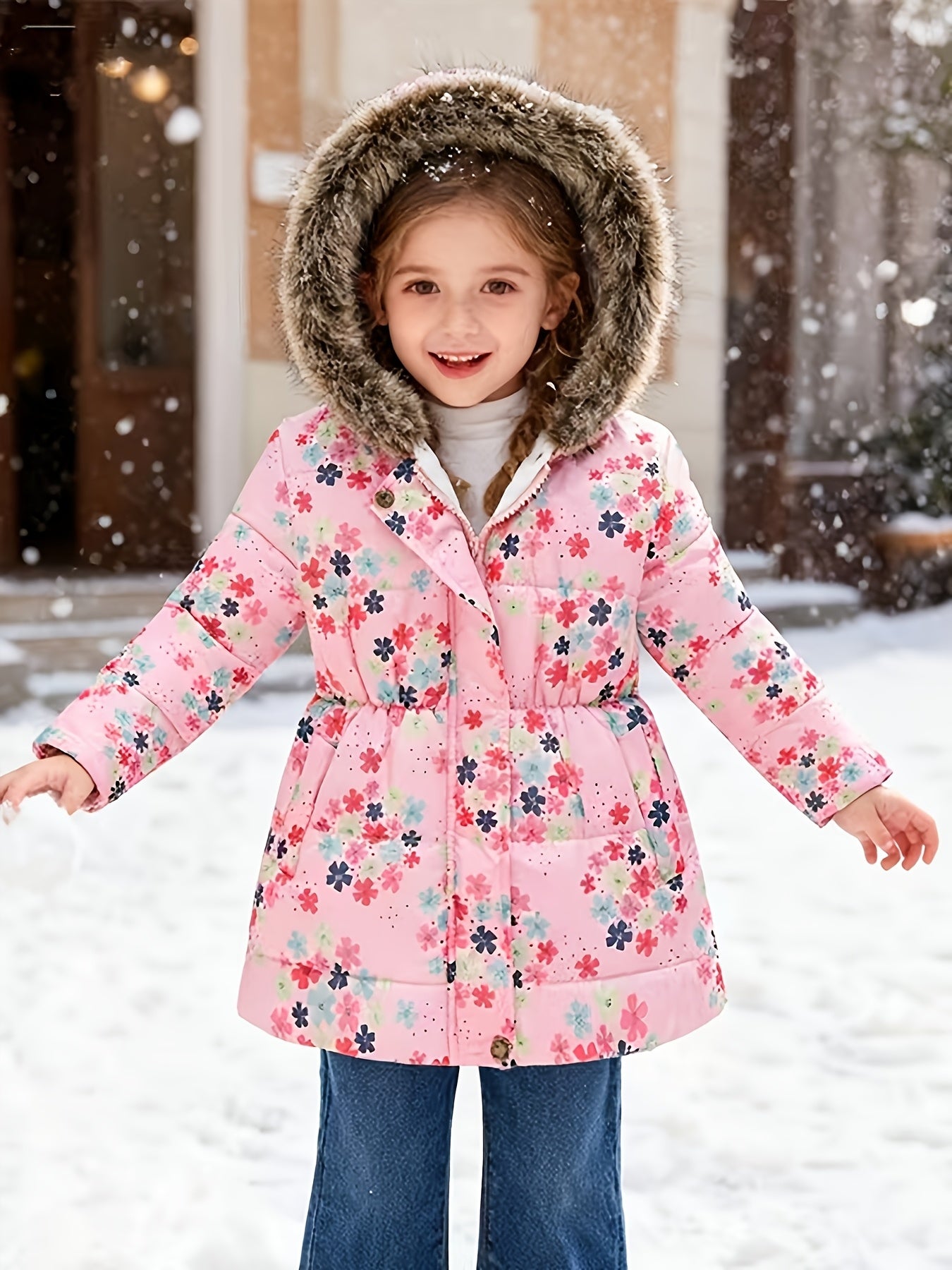 JOMAKE Girls' Pink Floral Snow Coat with Faux-Fur Hood & Full-Zipper Front - Winter Jacket, Machine-Washable X-Shape Silhouette, Waist-Cinching Fit (No Bulk), Warm Pink Flower Print Outerwear for & - Full-Length Zipper Closur