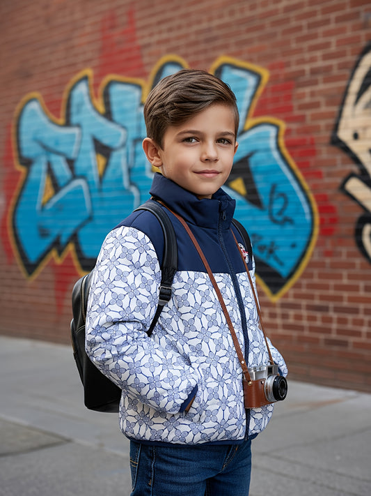 Boys & Girls Winter Warm Windproof Jacket - Thickened Kids' Zippered Coat with Stand Collar, Navy Blue & White Geometric Print, - Ideal for &, Girls Winter Coat, Boys Office Casual Jacket, Weather Proof Jacket Girls, Boys Coa