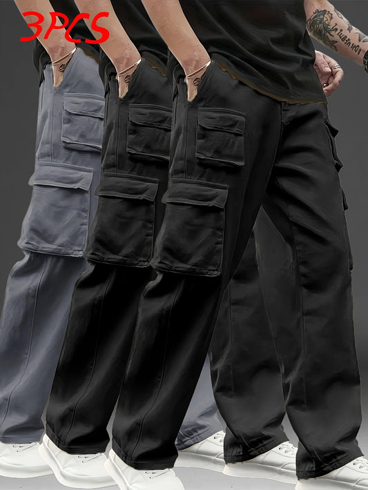 3pcs Men's Multi-Pocket Cargo Pants: Features a Trendy Loose Fit and Durable Design, Making Them Versatile Casual Work Pants Perfect for Outdoor Sports, Daily Wear, Travel, and Various Other Occasions.