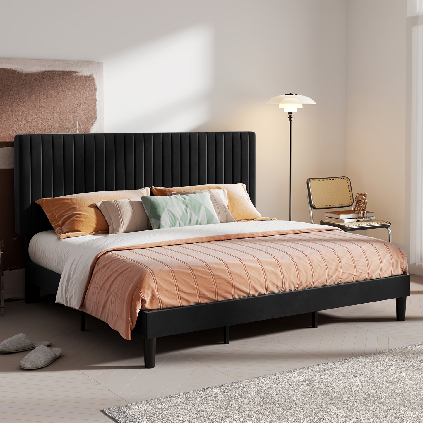 HOOMIC Velvet Upholstered Bed Frame with Adjustable Headboard, Contemporary Platform Bed Featuring Vertical Channel Tufting, Wooden Slats for Support, Optional Box Spring, Ideal for Home Bedroom Furniture, Free Shipping Avail