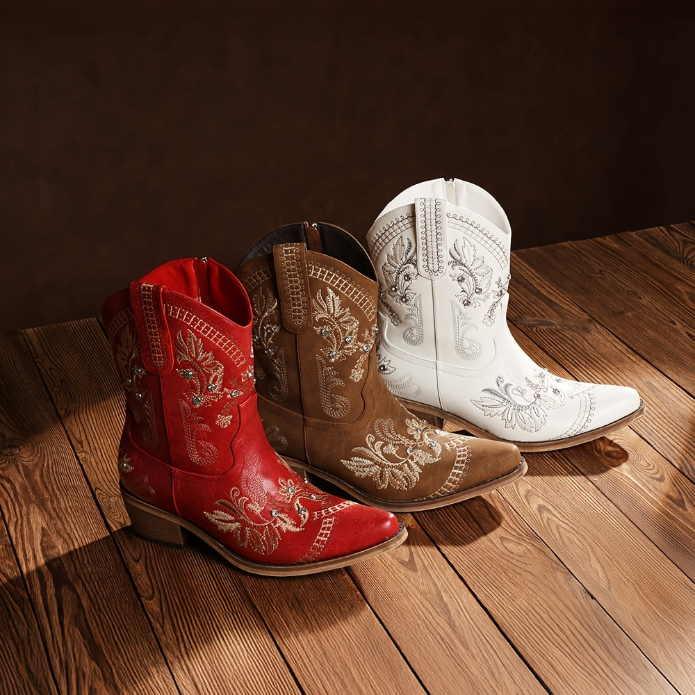 Women's Sparkling Rhinestone Western Cowboy Boots with Floral Embroidery - Chunky Low Heel Square Toe Ankle Booties, Pink Pull-On/Snapback (Zipper Closure) for Weddings, Parties, Prom - All-Season Round or Square Toe  Boots