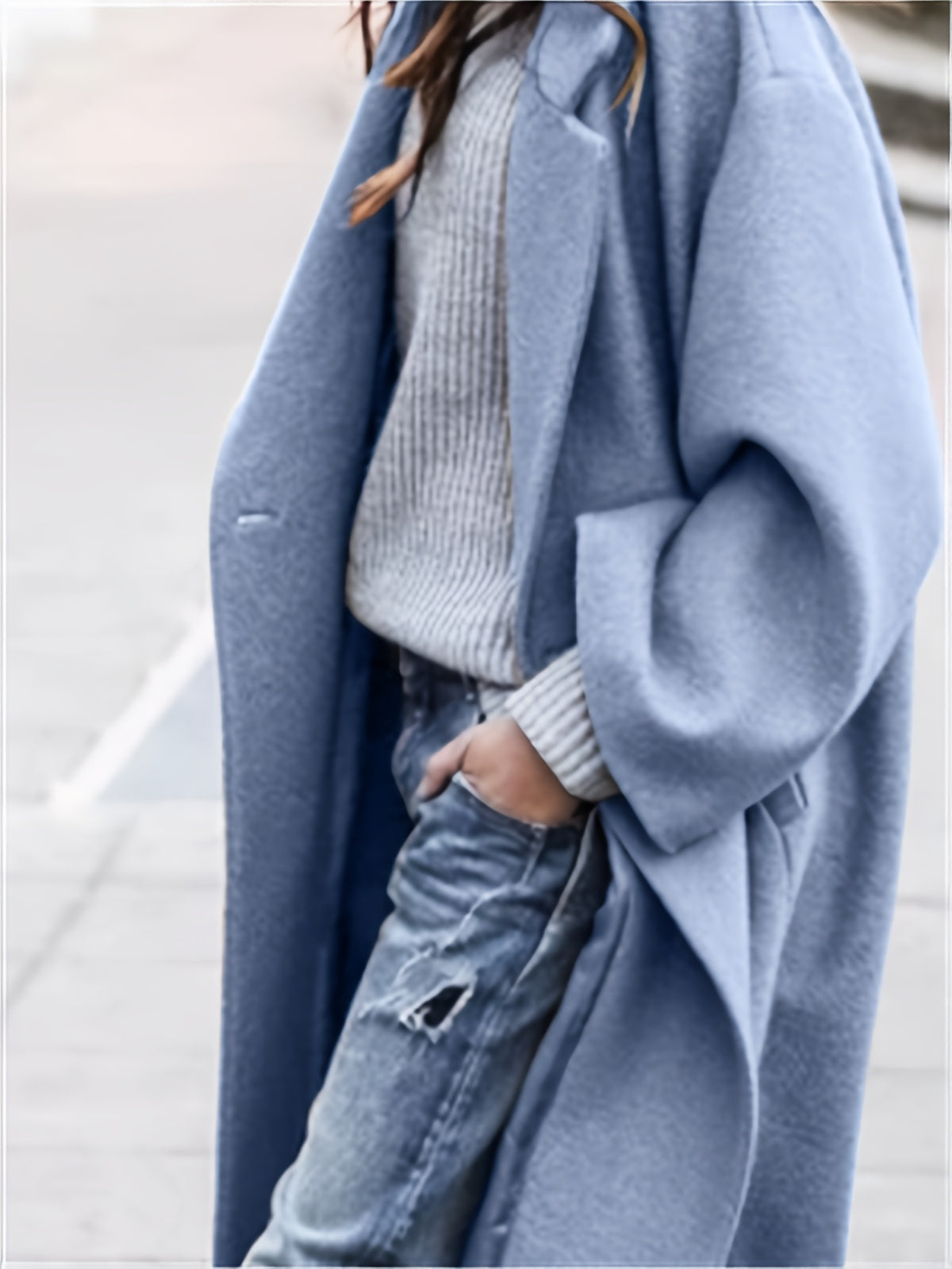 Women's Casual Elegant Solid Blue Coat - Soft Warm Collar Winter Jacket, Versatile Blazer-like Outerwear for Fall & Winter, Easy Care Fabric, Jacket For Women, Winter Clothes For Women, Coats For Women, Jackets For Women, Win