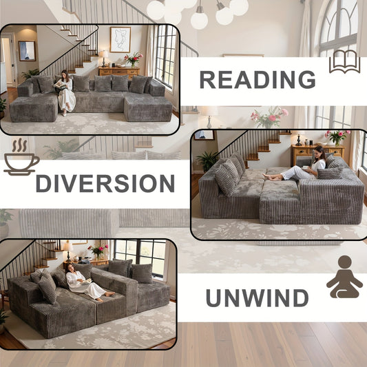 132-inch U-shaped 4-seater Recliner, Modular Sectional Sofa, Frame-free Sofa, Modern-style Living Room Fold-out Sofa Bed, Space-efficient Convertible Corduroy Sectional Sofa (shipped in Three Separate Packages) Couch for Livi