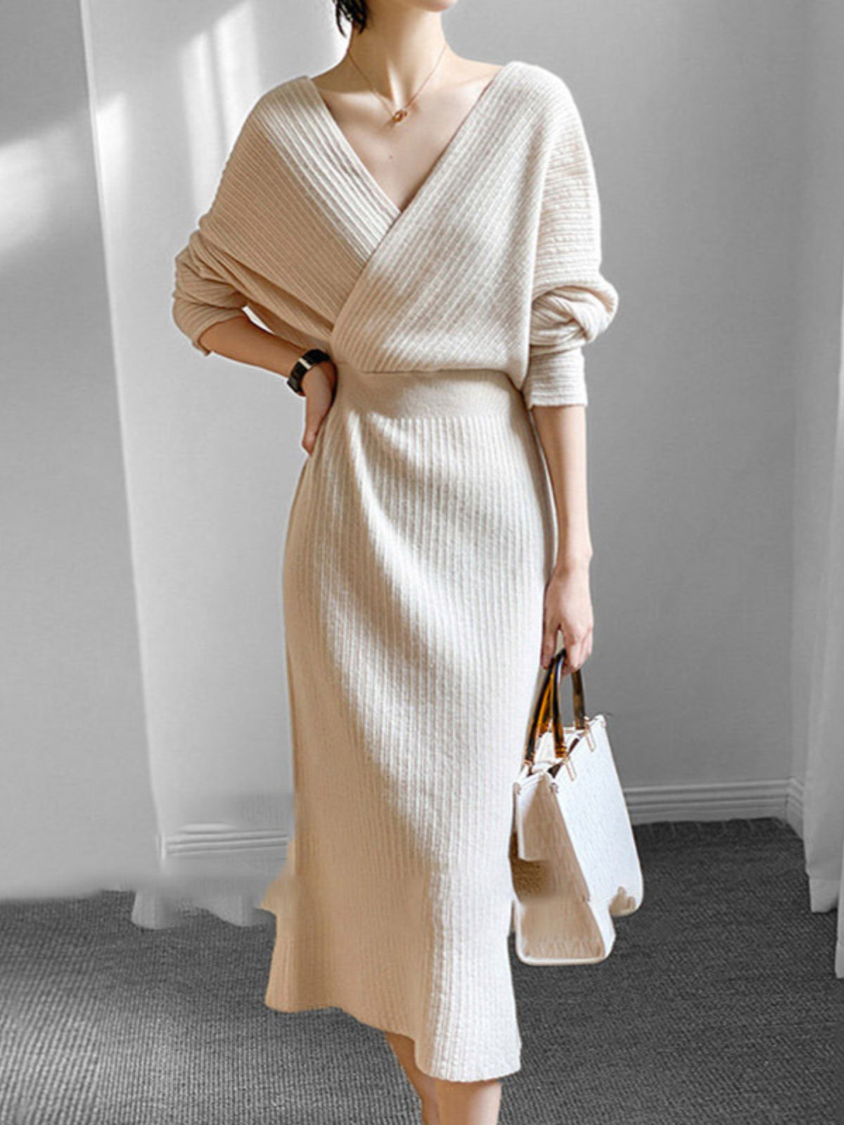 Women's French Style Over-the-Knee Dress - Waist-Cinching Slim Fit Batwing Sleeve A-Line Winter Dress with Beige/ Color, Elegant Party Wedding Attire (Hand Wash/Dry Clean) - Dress for Tall Boots