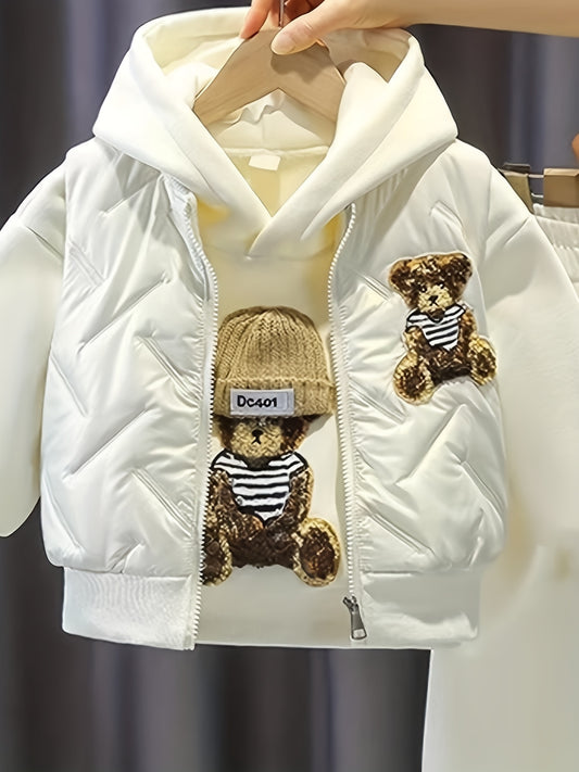 Girls' Thickened Fleece-Lined Hooded Sweatshirt & Pants Set - Cozy Winter Outfit with Bear & Teddy Bear Design, Casual Style, Long Sleeve Pullover & Straight-Leg Pants, Perfect Gift for Girls, for Outdoor