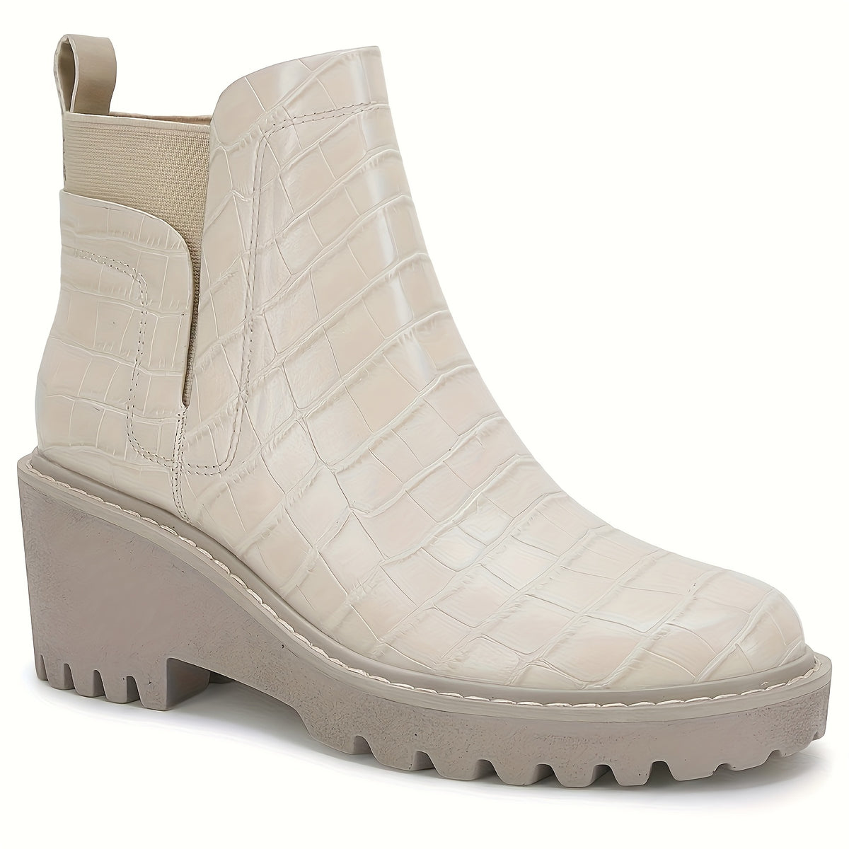 Women's Chunky Heel Boots - Slip-On Ankle High, Non-Slip Cover Cover, Thick Sole, Round Toe, Beige, Fashionable Short Boots for Casual Attire, Semiformal Boots | Modern Boots | Suedelike Boots