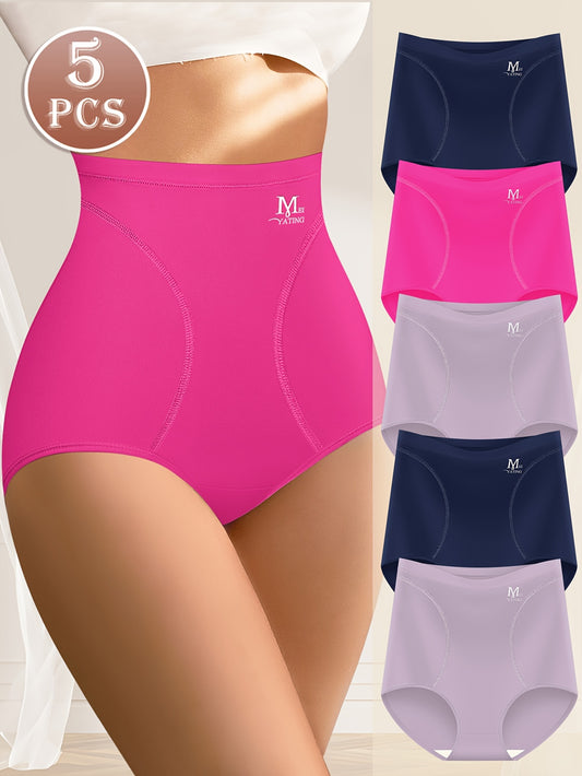5pcs High-waisted Tummy Tuck Ice Sliky Fiber Fabric Seamless Women's Panties Briefs Comfortable Fit Shaping and Butt-lifting Thin Style for Summer