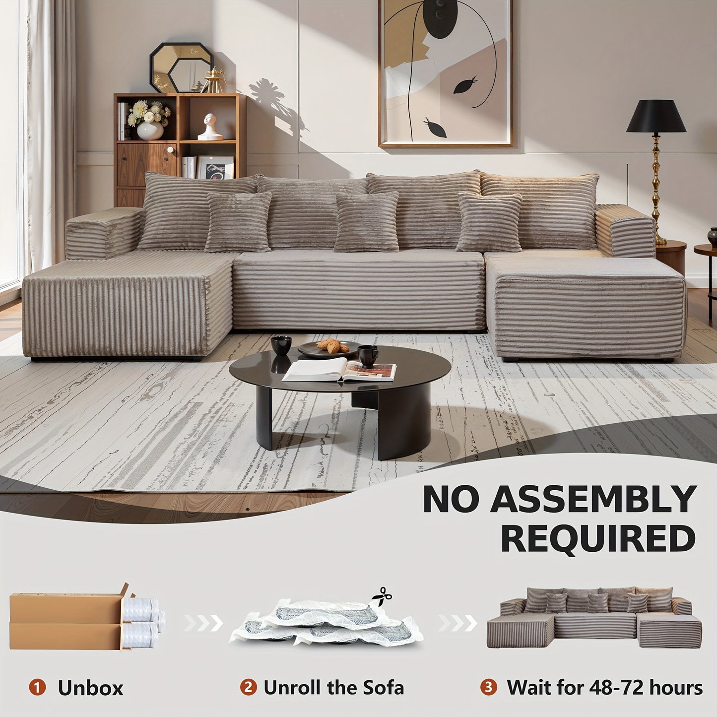 134''U-Shaped Modular Sectional Sofa with Chaise Lounge - No Assembly Required, Memory Foam Cushioning & Corduroy-like Fabric, Convertible Sleeper Sofa Bed, Contemporary Cloud Boneless Design for Game Room, Living Room, for h