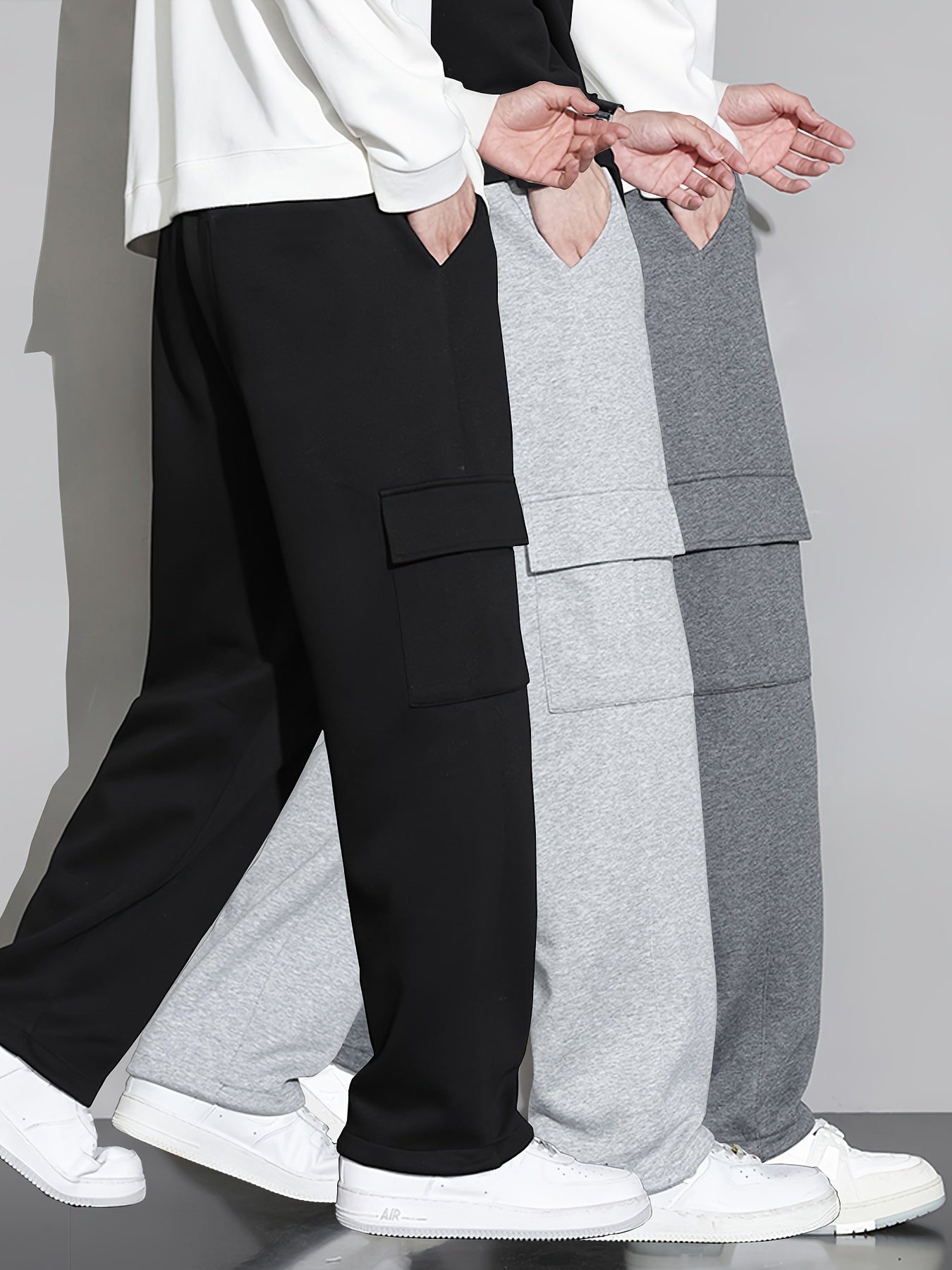 Set of 3 - Men's Casual Sports Pants for Spring, Summer, Autumn, and Winter with Multiple Pockets, Loose Fit, Ideal for Workouts, Jogging, Includes Cargo Pants and Straight-Leg Pants