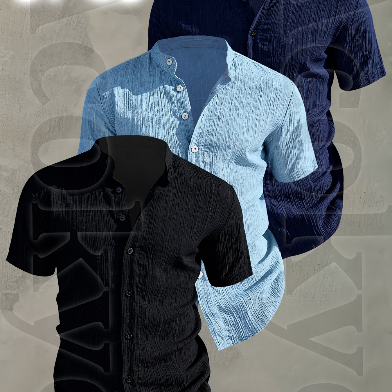 3pcs Set Men's Summer Short Sleeve Shirts • Lightweight Breathable Solid Color Button Casual Shirts with Stand Collar • Ideal for Beach Vacations, Pool Parties, and Daily Wear