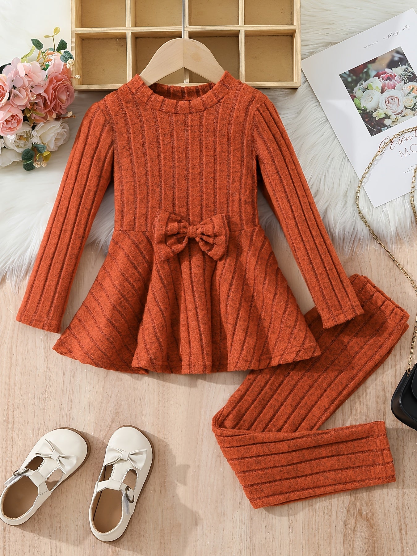 [Chic | Fall/Winter] Cozy Fleece-Lined Girls' Bow-Knot Long Sleeve Dress & Pants Set | Solid Color, Machine Washable | Perfect for Fall/Winter, Perfect for Outdoor