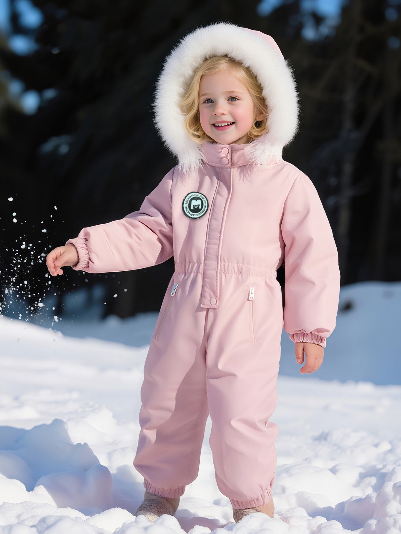 [Pink Hooded Ski Suit] Pink Hooded Ski Suit for Girls 9M-8Y | One-Piece Winter Warm Zip Pockets