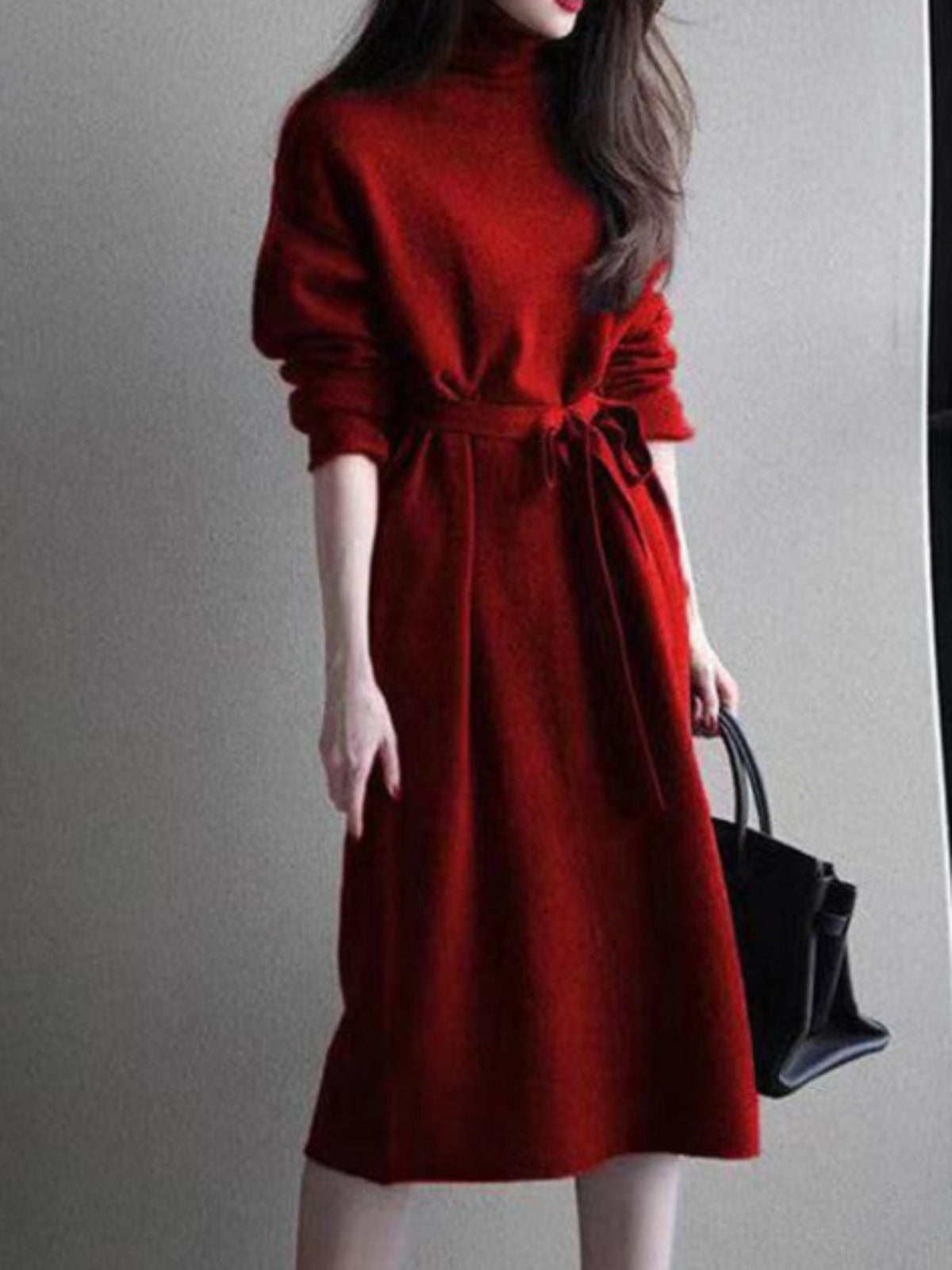 Women'S Long Dress with a High Collar And Lace-Up Design, Perfect for Autumn And Winter, Featuring a Slim Fit That Extends Over The Knees.
