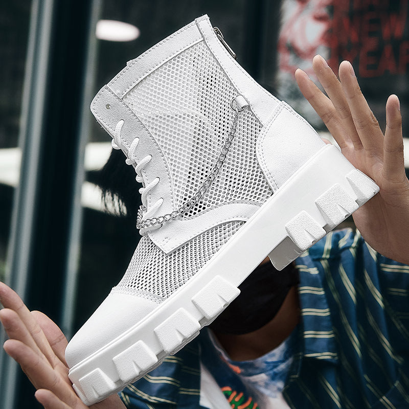 The 2025 Summer New Men'S White Openwork Chelsea Boots, Invisible Inwardly Height-Increasing Mesh Breathable Boots, And Ultra-Light Thick-Soled Casual Shoes