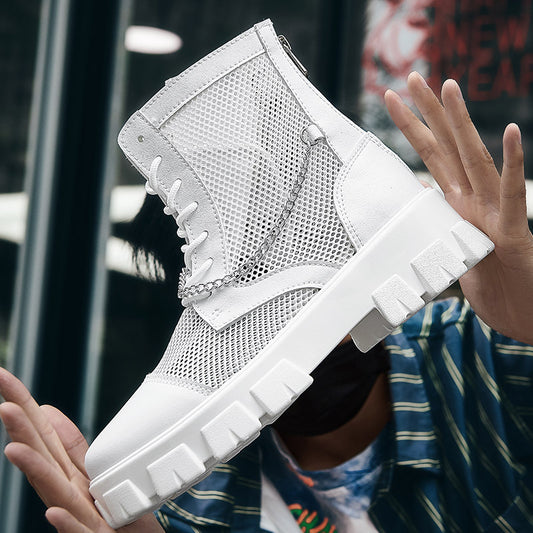 The 2025 Summer New Men'S White Openwork Chelsea Boots, Invisible Inwardly Height-Increasing Mesh Breathable Boots, And Ultra-Light Thick-Soled Casual Shoes