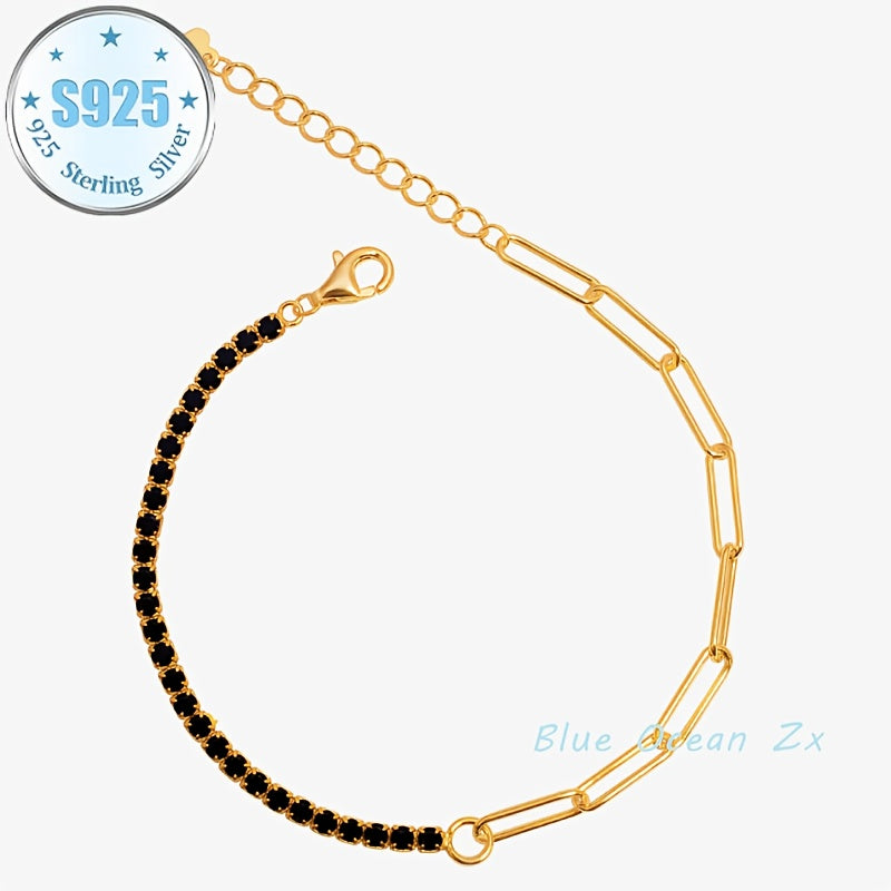 925 Sterling Silvery 18k Golden Plated Half Moissanite Half Paperclip Bracelet, Fashionable And Simple, Adjustable Bracelet, Unisex, Creative, Sparkling, Fashionable, Trendy, And Avant-garde, A Versatile Jewelry Set, Perfect