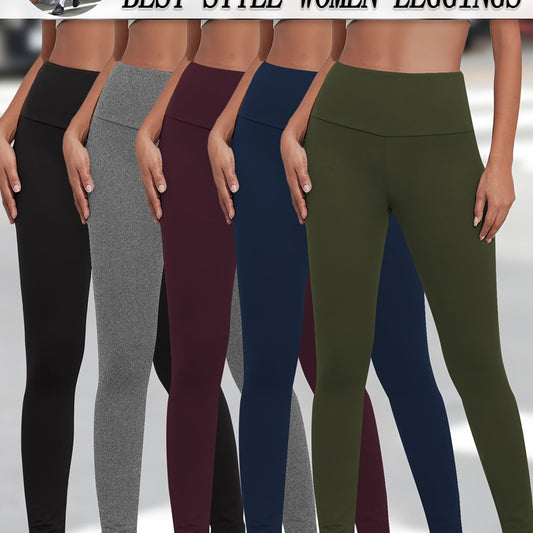 5 Pack Women's High Waisted Tummy Control Workout Leggings - Full Coverage Non-See Through Yoga Running Pants, 5 Colors (Solid), Soft Stretch Gym Athletic Pants for Postpartum & Body Contouring, Multi-Use for Gym, Dance, Casu