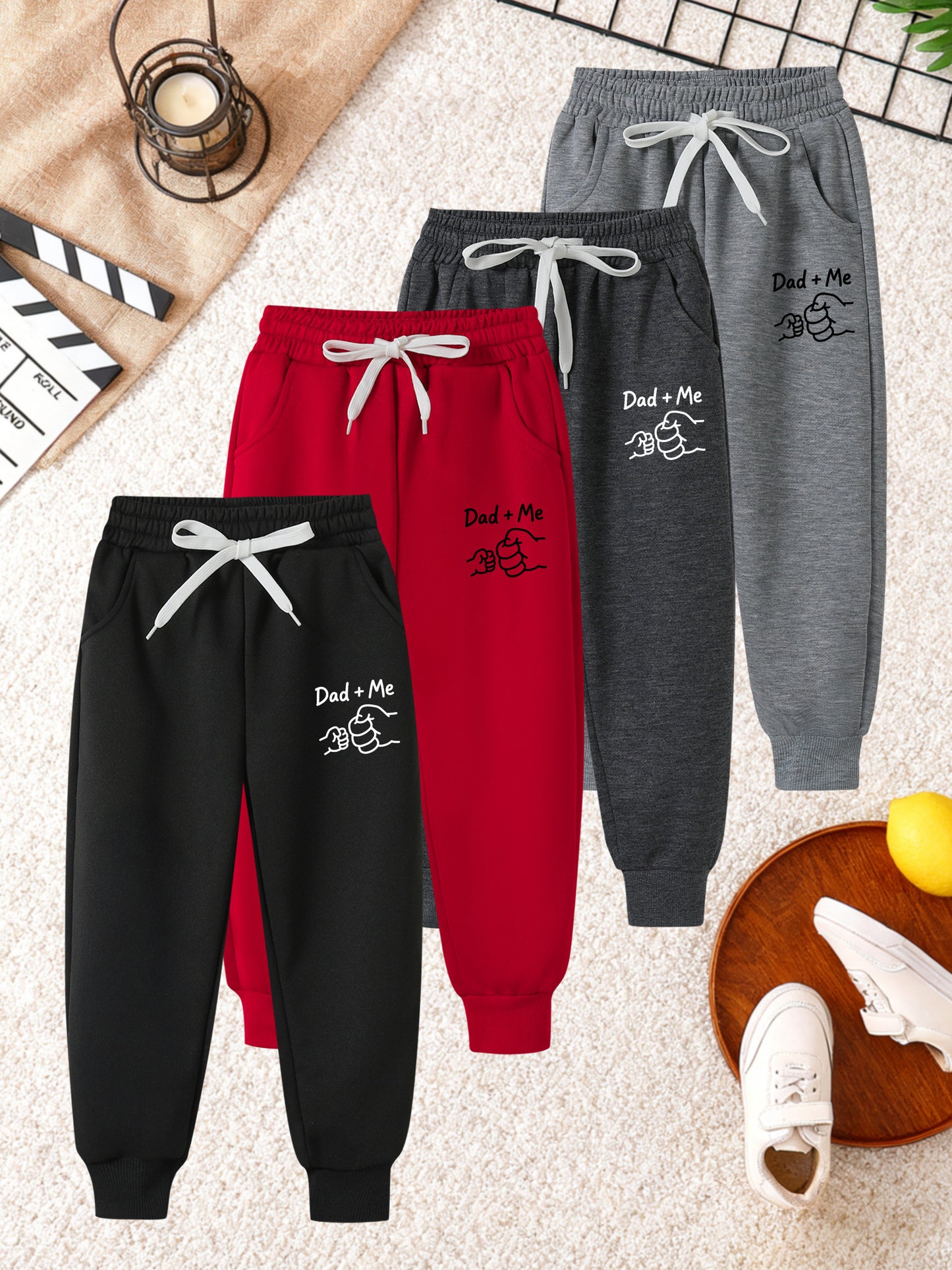 4pcs Boys' Long Pants Set with Elastic Waist & Adjustable Drawstring - Soft Breathable Athletic Pants with Pockets, Geometric Pattern, Multi-Color (/Red/Grey/) for Active Play & Casual Attire - Winter Warmth, Easy On/Off - Id