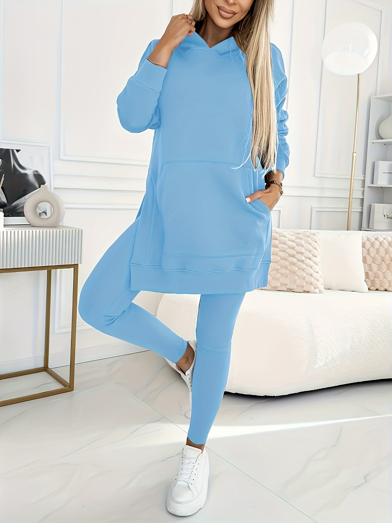 Directional Casual Suit, Women'S Solid Color Hooded Sweatshirt + Solid Color Leggings Two-Piece Set, Machine Washable And Dry Cleanable, Suitable for Daily Commuting