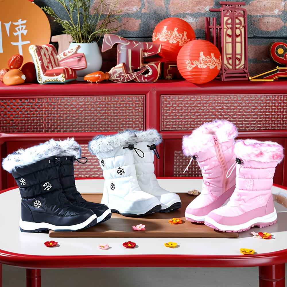 Girls' Winter Snow Boots with Plush Lining - Cute Pink & Snow Boots with Zipper Closure, Warm Mid-Top Round Toe Snow Boots for Girls, All-Season Outdoor Play, Hiking & Casual Wear, Winter Boots, Hiking Footwear, Stylish Footw