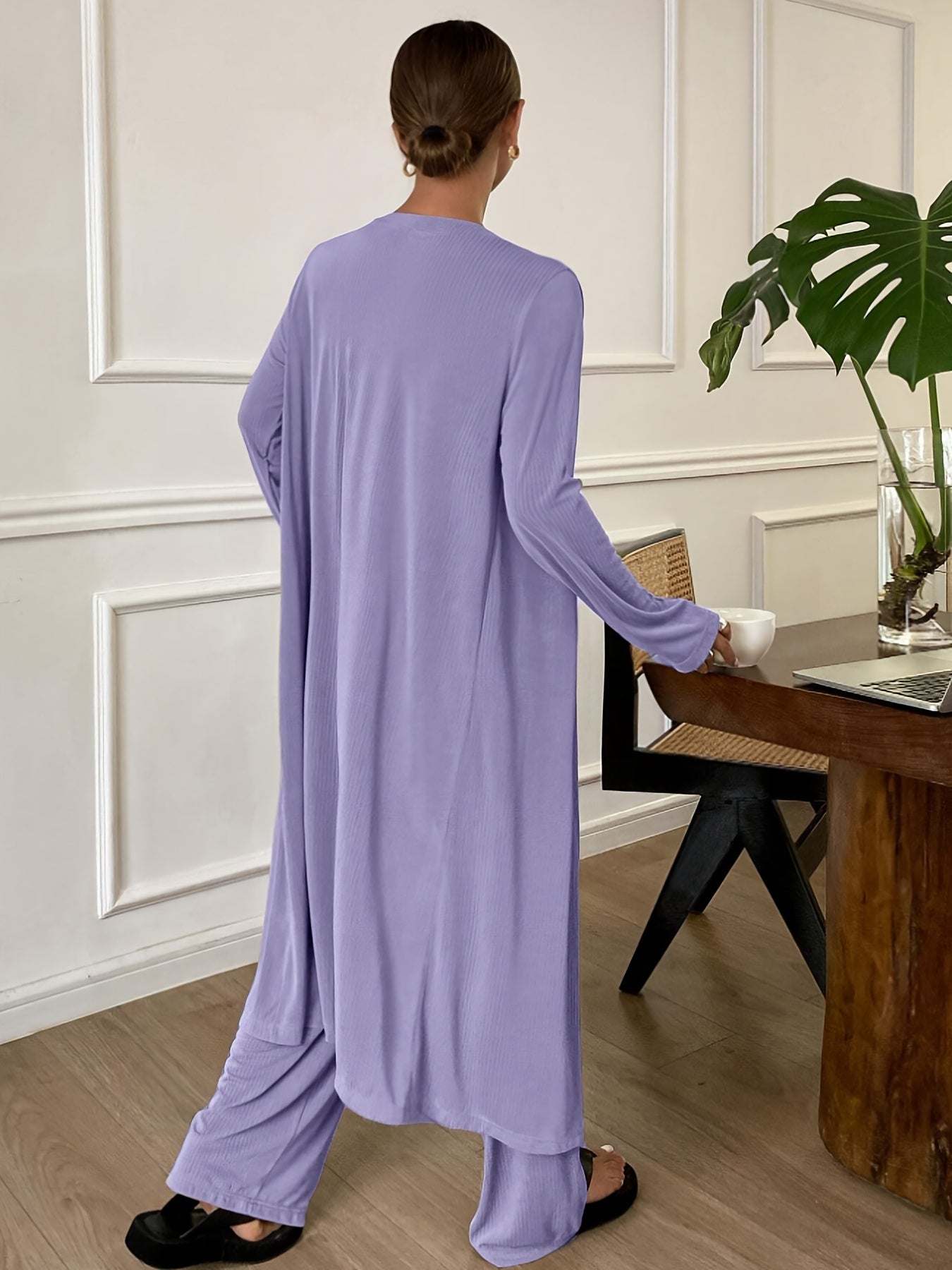 [Women's Loungewear Set] New Popular Women's Loungewear Set - Autumn And Winter Solid Color Sleeveless Square Neck Camisole, Straight Elastic Waistband Pants, Long Sleeve Cardigan - Comfortable Loose Pajama Set