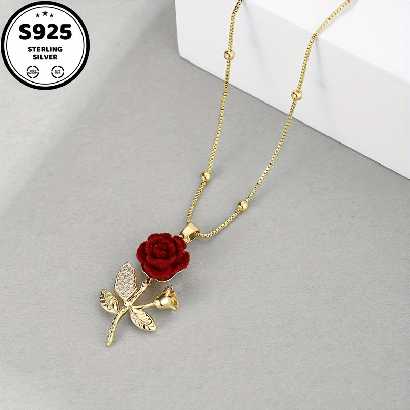 925 Sterling Silvery Red Rose Pendant Necklace, 18K gold plated 18K gold plated-plated Teenager'S Necklace, Chain, Waterproof, Sweat-proof, Inlaid With Synthetic Synthetic Zircon, Daily Wear, Holiday, Birthday, Anniversary