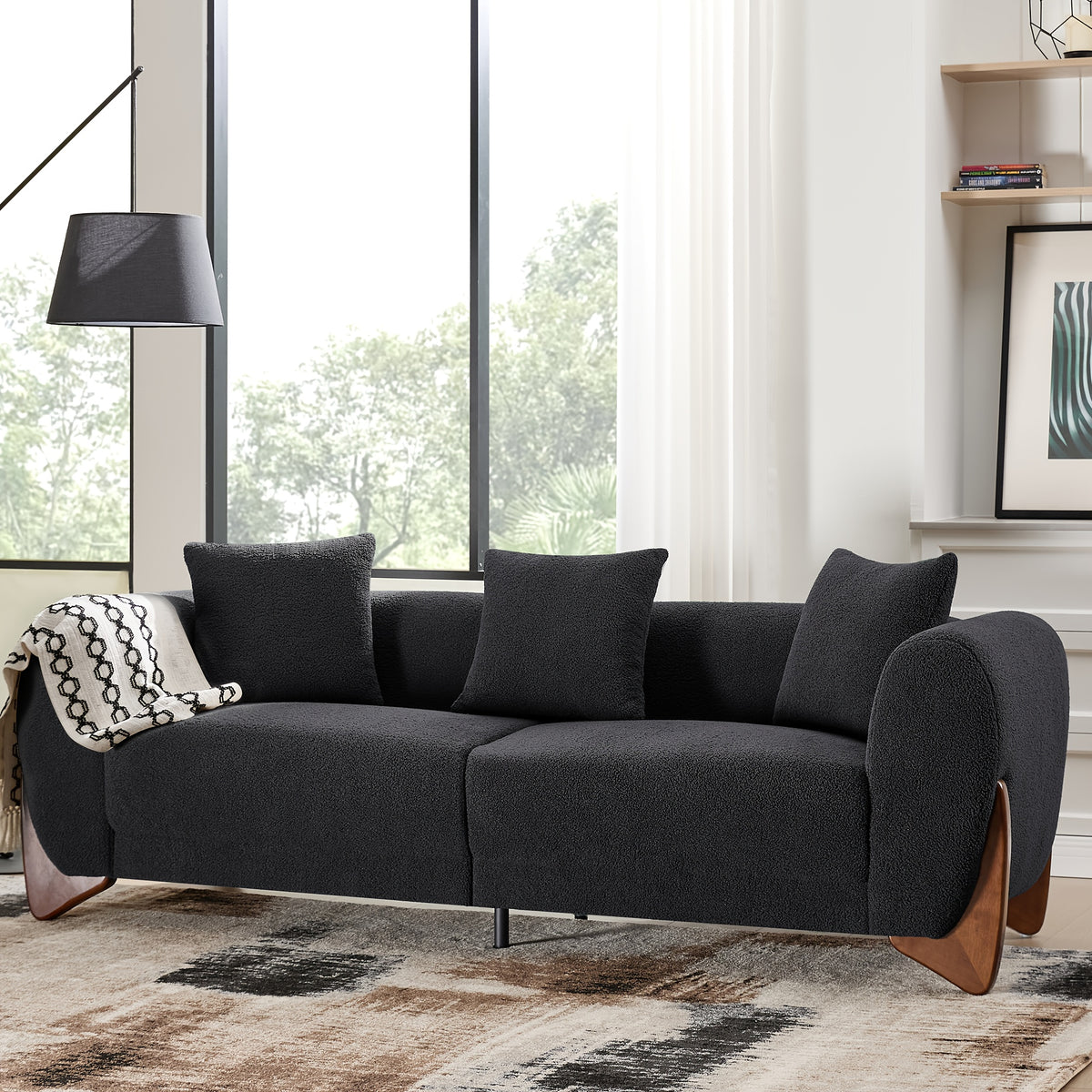 87inch Sherpa Boucle Cloud Couch Modern 3 Seater Sofa with Solid Wood Legs, 25inch Extra Deep Seat, Comfy Thick Cushion Upholstered Sofa Couches with 3 Pillows for Living Room, Green
