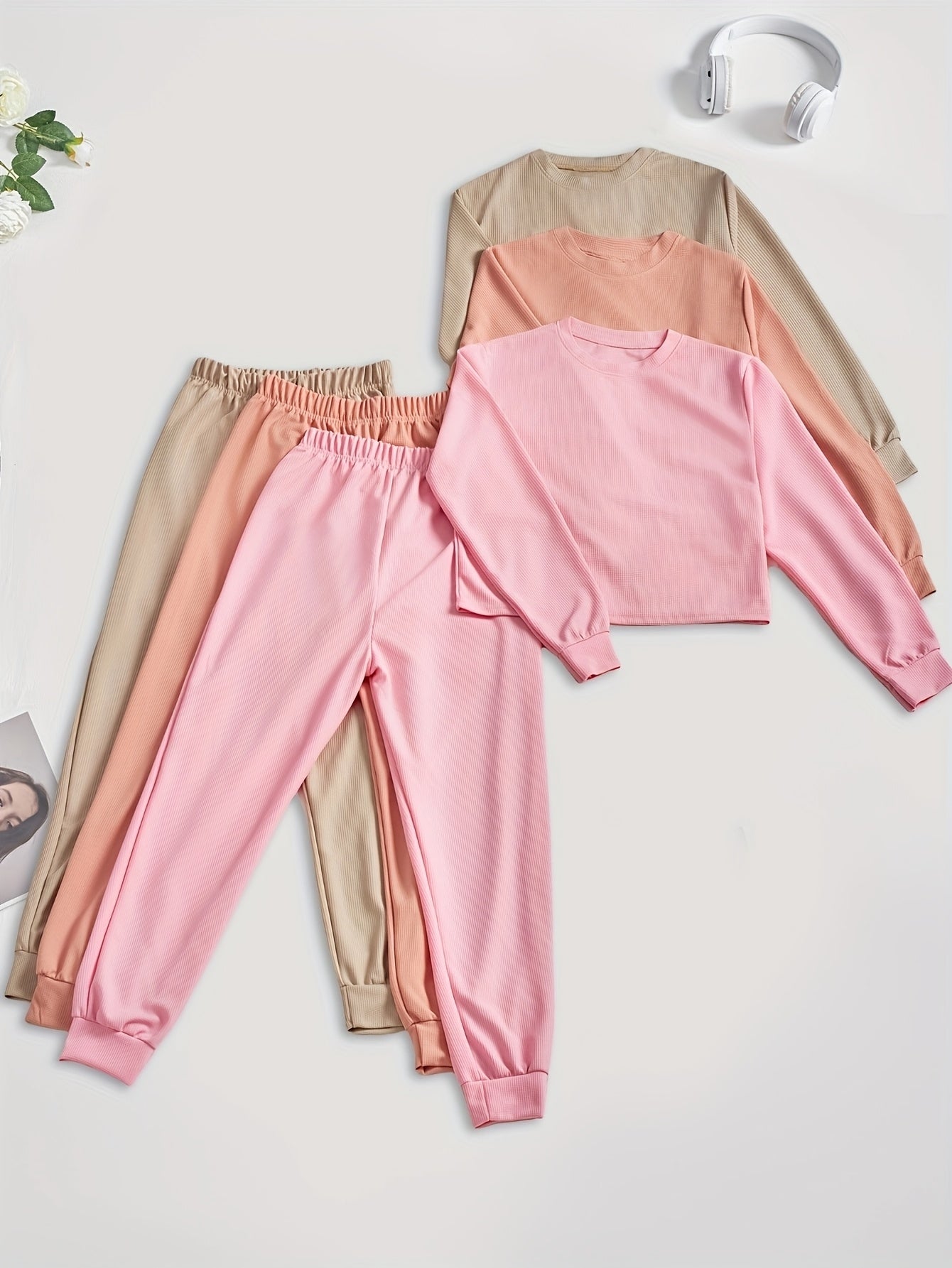 Three-Color Waffle Long-Sleeve And Long-Pants Crop Top Pajama Set for Women, Home Wear.
