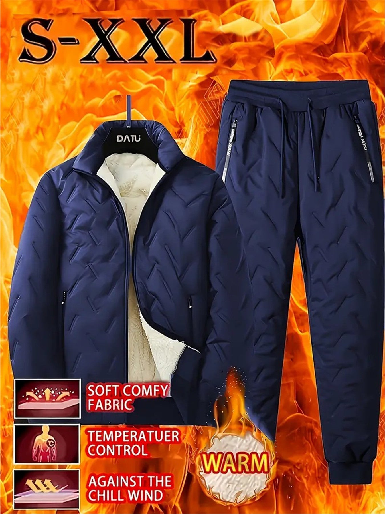 2pcs - Autumn/ Winter two-piece Men's stand up collar jacket, long sleeved jacket, pants jacket, Men's winter casual jacket set, with plush lining and polyester fabric stand up collar pocket